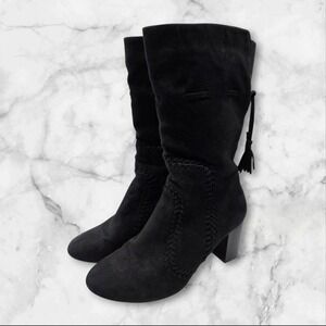 Simply Styled Black Suede Mid-Calf Boho Boots with Whipstitch & Tassel  7 1/2